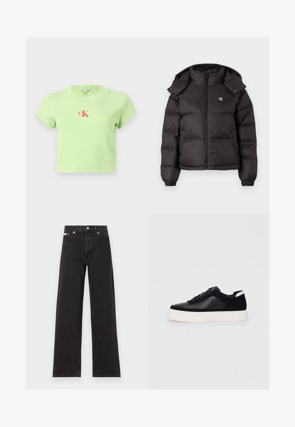 Črna puhovka z visokim ovratnikom, zadrgo in izvezenim logotipom na prsih. Ima elastične manšete in snemljiv kapuco.; Svetlo zelena, rebrasta bombažna majica s krožnim ovratnikom in kratkimi rokavi. Opremljena je s centralnim rdečim logotipom "CK".; Črne široke jeans hlače iz denima, s poudarjenim pasom, petimi žepi in kovinskim gumbom za zapiranje ter kontrastnim šivanjem.; Črne športne copate z gladko usnjeno in semišnimi paneli, ravnimi vezalkami, zaobljenim nosom in belim gumijastim podplatom. Oznaka na peti.