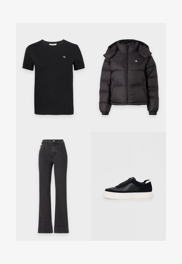 Crna puf jakna s visokim ovratnikom, zatvaranjem na patentni zatvarač i izvezenim logotipom na prsima. Ima elastične manžetne i odvojivu kapuljaču.; Crna pamučna majica s klasičnim okruglim izrezom, kratkim rukavima i malim bijelim izvezenim "ck" logotipom na prsima.; Crne traperice s visokim strukom i proširenim dnom, izrađene od denima, s kopčanjem na dugme, petljama za remen i bočnim džepovima. Glatka tekstura s minimalnim izblijedjenjem.; Crne tenisice s glatkom kožom i panelima od antilopa, ravne vezice, zaobljenim vrhom i bijelim gumeni potplat. Izraziti logo na peti.
