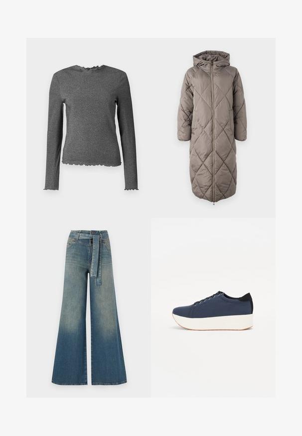 Ilgas, su kapuce, pūkinis paltas švelnios taupes spalvos, su deimantiniais siuvinėjimo raštais, priekinė užtrauktukų uždarymo sistema ir elastingi rankogaliai izoliacijai.; Ilga rankovė, tamsiai pilka korėto mezgimo palaidinė su ledų krašto rankovių, apykaklės ir apatinio krašto detalėmis.; Platus džinsinis kelnes su šviesiai tamsiai mėlynu gradientu, aukštu juosmeniu, diržo kilpomis ir atitinkančiu audinio diržu. Textūruotas džinsinis paviršius.; Tamsiai mėlynas sportinis batelis su tekstūruotu audiniu viršuje, baltu platformos padu, apvaliu pirštu ir juodu kulno akcentu.š. Yra šešios skylės raišteliams.