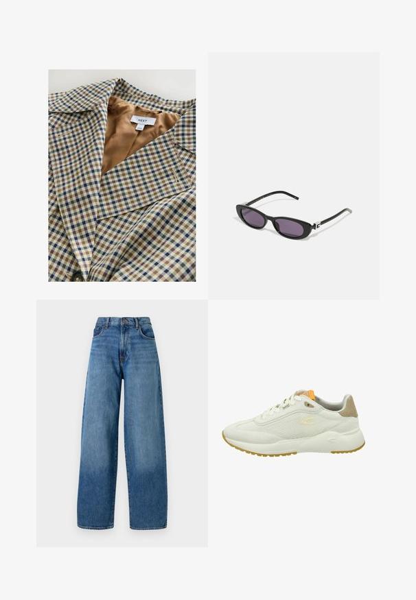 Karierter Blazer mit leicht beigem Innenfutter. Das Muster besteht aus blauen, braunen und cremefarbenen Karos, mit einem eingeschnittenen Kragen und einer Knopföffnung.; Grauer gestrickter Cardigan mit Rundhalsausschnitt, vorderer Knopfverschluss und gerippten Bündchen. Verfügt über eine lockere Passform und eine weiche Textur.; Zwei schlichte weiße Langarmshirts mit Rundhalsausschnitt, übereinander gestapelt, eines leicht vor dem anderen auf einem weißen Hintergrund.; Weite blaue Denim-Jeans mit klassischem Fünf-Taschen-Design. Mit Knopfverschluss und leichter Ausbleichung für eine angenehme Textur.; camel active Sneaker low - offwhite; Gucci Sonnenbrille - black/grey; Dunkelbraune Wildleder-Hobo-Schultertasche mit breitem, verstellbarem Ledertragegurt und weichem, lässigem Körper vor weißem Hintergrund.