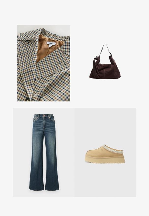 Karirana sako s laganim tamnosmeđim podstavljanjem. Uzorak se sastoji od plavih, smeđih i krem checkova, s ovratnikom u obliku slova V i zatvaranjem na dugme.; Sivi pleteni kardigan s okruglim izrezom, zatvorenjem na gumbe sprijeda i rebrastim manžetama. Ima opušteni kroj i meku teksturu.; Dvije obične bijele majice dugih rukava s okruglim izrezom, složene jedna ispred druge na bijeloj pozadini.; Tamno plave široke traperice izrađene od denima, s klasičnim dizajnom od pet džepova, bakrenim hardverom i suptilnim izblijeđenjem sprijeda.; Svi trsno bež slip-on cipele s podstavljenim ovratnikom i teksturiranim svijetloplavi akcentom. Ima debeo, izdržljiv potplat s uzorkom.; Tamnosmeđa zamština hobo torba za rame s širokim podešavajućim kožnim remenom i mekim, opuštenim oblikom na bijeloj pozadini.