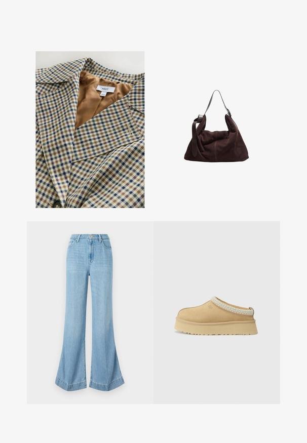 Karirani blazer z lahkim tan podloženjem. Vzorec vsebuje modre, rjave in smetanaste karirice, z izrezanim ovratnikom in gumbom za zapiranje.; Siv krokodilni kardigan s okroglim izrezom, zapenjanjem na gumbe spredaj in rebrastimi manšetami. Ima sproščen kroj in mehak občutek.; Dve obične bele majice dolgih rokavov s krožnim izrezom, položené ena rahlo spredaj pred drugo, na beli podlagi.; Svijetloplave široke traperice, visoki struk s kopčanjem na dugmad, s čistim završetkom i proširenim rubom s bočnim prorezima.; Tan zamahani čevlji brez vezalk z oblazinjeno ovratnico in strukturiranim svetlo modrim poudarkom. Imajo debel, trpežen podplat z vzorčastim profilom.; Temno rjav sueden hobo torba za rame z širokim nastavljivim usnjenim trakom in mehkobo, udobno obliko na beli podlagi.