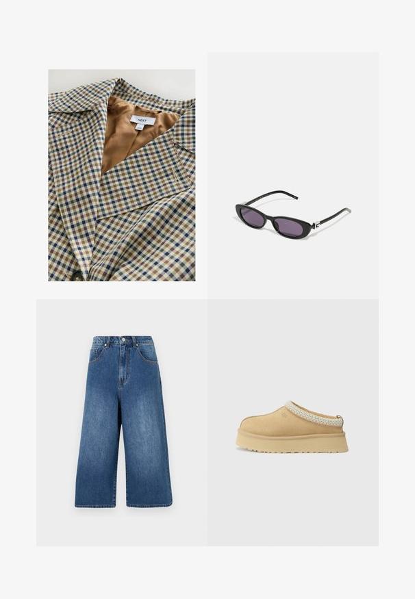 Károvaný blazer s svetlo béžovým podšívaním. Vzor pozostáva z modrých, hnedých a krémových šekov, s výstrihom a gombíkovým zapínaním.; Sivý pletený kardigán s okrúhlym výstrihom, predným zapínaním na gombíky a rebrovanými manžetami. Má voľný strih a mäkkú textúru.; Dve jednoduché biele tričká s dlhým rukávom a okrúhlym výstrihom, na sebe, jedno mierne pred druhým na bielom pozadí.; Džínové culotky v stredne modrom odtieni s vysokým pásom, širokými nohavicami, piatimi vreckami a jemným vyblednutím, s kovovým gombíkom a zipsom na zapínanie.; Béžová semišová obuv na slip-on so vypolstrovaným golierom a textúrovaným svetlomodrým akcentom. Obsahuje hrubú, odolnú podrážku so vzorovaným dezénom.; Gucci Slnečné okuliare - black/grey; Tmavohnedá semišová hobo taška cez rameno so širokým nastaviteľným koženým popruhom a mäkkým, voľne visiacim telom na bielom pozadí.