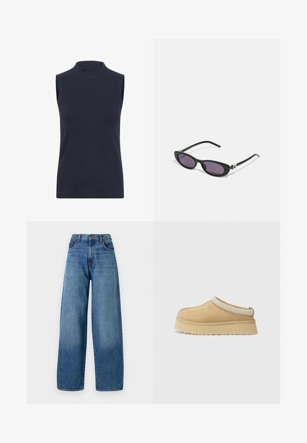 Karierter Blazer mit leicht beigem Innenfutter. Das Muster besteht aus blauen, braunen und cremefarbenen Karos, mit einem eingeschnittenen Kragen und einer Knopföffnung.; Grauer gestrickter Cardigan mit Rundhalsausschnitt, vorderer Knopfverschluss und gerippten Bündchen. Verfügt über eine lockere Passform und eine weiche Textur.; Navyblauer ärmelloser Rollkragenpullover aus geripptem Stoff, mit einer eng anliegenden Passform und glatter Textur. Keine sichtbaren Muster oder Verzierungen.; Weite blaue Denim-Jeans mit klassischem Fünf-Taschen-Design. Mit Knopfverschluss und leichter Ausbleichung für eine angenehme Textur.; Beige Wildleder Slipper mit gepolstertem Kragen und strukturiertem hellblauen Akzent. Verfügt über eine dicke, strapazierfähige Außensohle mit gemusterter Profilierung.; Gucci Sonnenbrille - black/grey; Dunkelbraune Wildleder-Hobo-Schultertasche mit breitem, verstellbarem Ledertragegurt und weichem, lässigem Körper vor weißem Hintergrund.