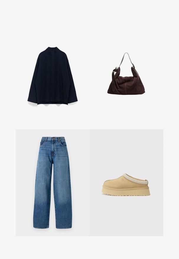 Rutigt kavaj med en ljus beige foder. Mönstret består av blå, bruna och krämfärgade rutor, med ett snedskuret krage och knäppning.; Grå stickad kofta med rund halsringning, sänkta axlar, knappstängning och ribbade muddar vid ärmar och fåll.; Mörkblå oversized topp i texturerat tyg, med hög krage, sjunkna axlar och vida ärmar med kontrasterande manschetter.; Breda byxor i blå denim med klassisk femficksdesign. Har ett knappstängning och lätt blekning för textur.; Tannfärgad mockasinkänga utan snörning med vadderad krage och texturerad ljusblå detalj. Har en tjock, slitstark sula med mönstrad däck.; Mörkbrun mocka hobo axelväska med bred justerbar läderrem och mjuk, slapp design på vit bakgrund.