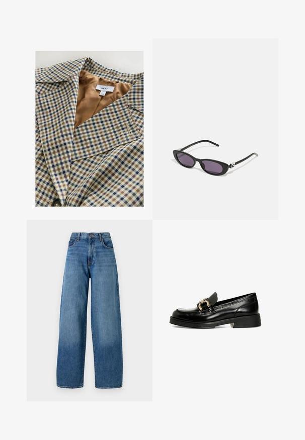 Karirani blazer z lahkim tan podloženjem. Vzorec vsebuje modre, rjave in smetanaste karirice, z izrezanim ovratnikom in gumbom za zapiranje.; Siv pleten kardigan z okroglim izrezom, spuščenimi rameni, zapenjanjem na gumbe in rebrastimi manšetami na rokavih ter robu.; Dve obične bele majice dolgih rokavov s krožnim izrezom, položené ena rahlo spredaj pred drugo, na beli podlagi.; Široke modre kavbojke z običajnim pet-pocket dizajnom. Imajo zasuk z gumbom in svetlo zbledelost za teksturo.; Črne usnjene loafer čevlje z okrasno zlatno zaponko. Imajo gladko površino, zaobljen nos in nizko blok peto z teksturirano podplatom.; Gucci Sončna očala - black/grey