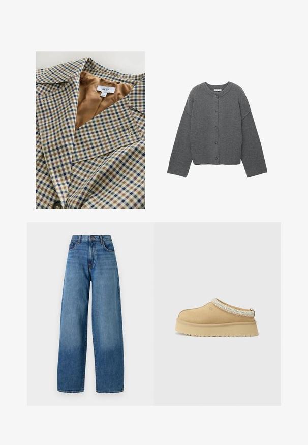 Blazer carreauté avec une doublure beige clair. Le motif se compose de carreaux bleus, bruns et crème, avec un col cranté et une fermeture à bouton.; Cardigan gris en maille avec un col rond, des épaules tombantes, une fermeture à boutons et des poignets côtelés aux manches et à l'ourlet.; Deux t-shirts à manches longues blancs, superposés l'un légèrement devant l'autre sur un fond blanc.; Jean en denim bleu à jambe large avec un design classique à cinq poches. Comprend une fermeture à bouton et un léger délavage pour ajouter de la texture.; Chaussure slip-on en daim beige avec un col rembourré et un accent texturé bleu clair. Elle dispose d'une semelle extérieure épaisse et durable avec un profil de traction.