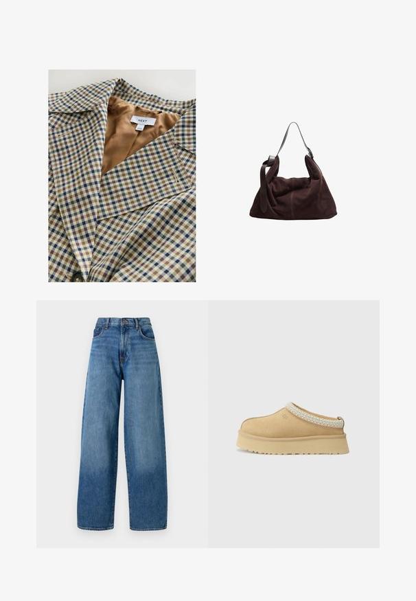 Karirani blazer z lahkim tan podloženjem. Vzorec vsebuje modre, rjave in smetanaste karirice, z izrezanim ovratnikom in gumbom za zapiranje.; Siv pleten kardigan z okroglim izrezom, spuščenimi rameni, zapenjanjem na gumbe in rebrastimi manšetami na rokavih ter robu.; Dve obične bele majice dolgih rokavov s krožnim izrezom, položené ena rahlo spredaj pred drugo, na beli podlagi.; Široke modre kavbojke z običajnim pet-pocket dizajnom. Imajo zasuk z gumbom in svetlo zbledelost za teksturo.; Tan zamahani čevlji brez vezalk z oblazinjeno ovratnico in strukturiranim svetlo modrim poudarkom. Imajo debel, trpežen podplat z vzorčastim profilom.; Temno rjav sueden hobo torba za rame z širokim nastavljivim usnjenim trakom in mehkobo, udobno obliko na beli podlagi.