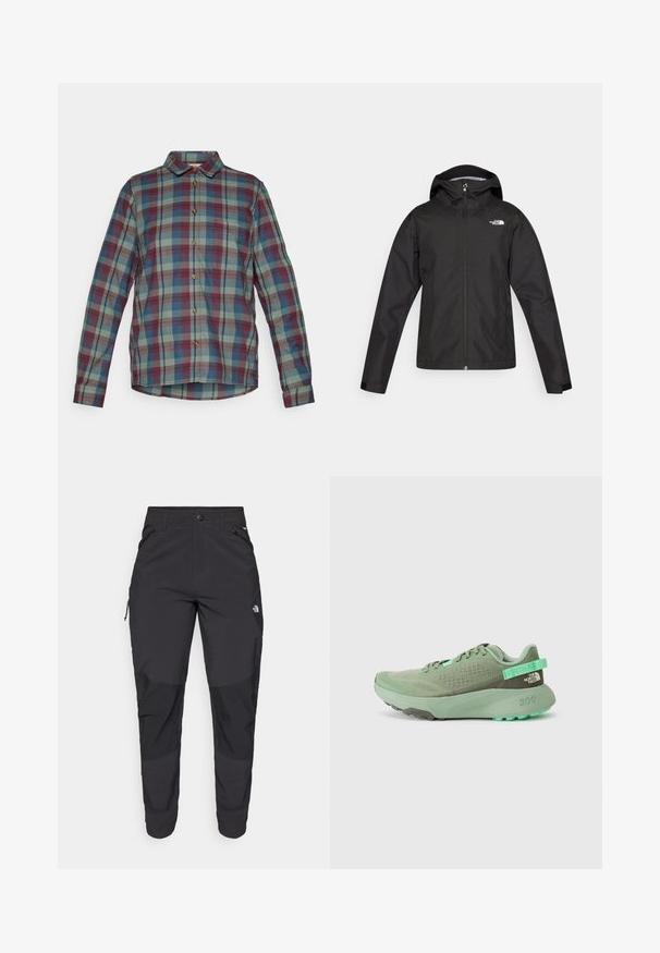 The North Face WHITON JACKET - Hardshell striukė - black; Ilgų rankovių marškiniai su žaliu, mėlynu ir raudonu languotu raštu bei priekiniais krūtinės kišenėmis.; Juodos lauko kelnės, pagamintos iš patvarios medžiagos. Turi užtraukiamas kišenes, sustiprintus kelio plotus ir tiesią konstrukciją, leidžiančią laisvai judėti.; Žalios sportinės bateliai su tinkliniais viršutiniais sluoksniais, tekstūruotais antlipdukai ir storu guminiu padu. Yra traukimo kilpa ir logotipo detalė ant kulno.