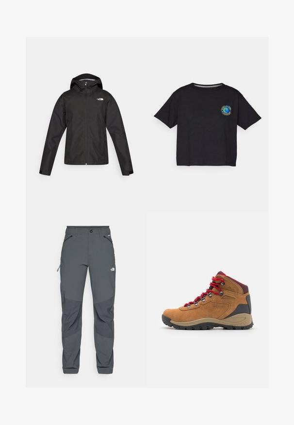 The North Face WHITON JACKET - Jachetă hardshell - black; T-shirt scurt cu mânecă, de culoare neagră, din bumbac, având un logo circular multicolor pe piept. Tiv dreapt și croială lejeră.; Pantaloni de exterior gri închis cu jerseuri întărite la genunchi, buzunare laterale și frontale cu fermoar, închidere cu nasture și logo-ul The North Face pe coapsă.; Botă de drumeție din suede maro cu sireturi roșii, talpă din cauciuc negru, accente gri și suport pentru gleznă căptușit. Include ochiuri din metal și detalii cu logo.