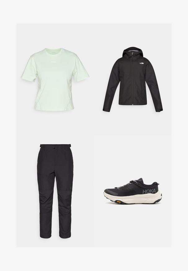 The North Face WHITON JACKET - Hardshell-jope - black; Salomon TRACKLINE TEE - Lihtne T-särk - sea foam; Mustad mustad välispüksid, mis on valmistatud kergest materjalist, omavad siledat tekstuuri, elastset taljeosa, lukuga taskut ja paneeldetaili alumistel jalgadel.; Mustad mustadused spordijalatsid, millel on hingav võrkkangast pealmine osa, kummist välistald, valge pehmendusega vaheosa ja peegeldavad nöörid. Vibrami logo välistalla peal.