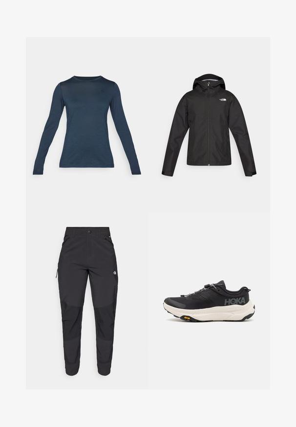 The North Face WHITON JACKET - Hardshell jacket - black; Long-sleeve shirt in dark navy, made of lightweight fabric. Features a round neckline and a small emblem on the chest. Smooth texture.; Black outdoor pants made of durable fabric. Feature zippered pockets, reinforced knee panels, and a straight cut design for mobility.; Black athletic shoes with a breathable mesh upper, rubber outsole, white cushioning midsole, and reflective laces. Vibram logo on outsole.