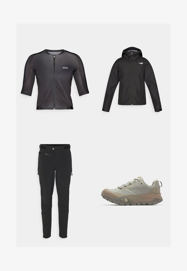 The North Face WHITON JACKET - Cieta auduma jaka - black; Melnā velosipēdu kreklā ar trīs ceturtdaļu piedurknēm, priekšējo rāvējslēdzēju un minimālu zīmola atpazīstamību. Izgatavots no gluda, elastīga auduma ar cieši pieguļošu dizainu.; Melnas āra bikses, kas izgatavotas no elastīgas auduma, ar rāvējslēdzēja kabatām, šauru piegriezumu un gludu tekstūru ar pastiprinātiem ceļgaliem.; Gai pelēki sporta apavi ar bēšiem akcentiem, izgatavoti no sintētiska materiāla. Aprīkoti ar izturīgu zoli, saistījuma dizainu un zīmolu sānos.