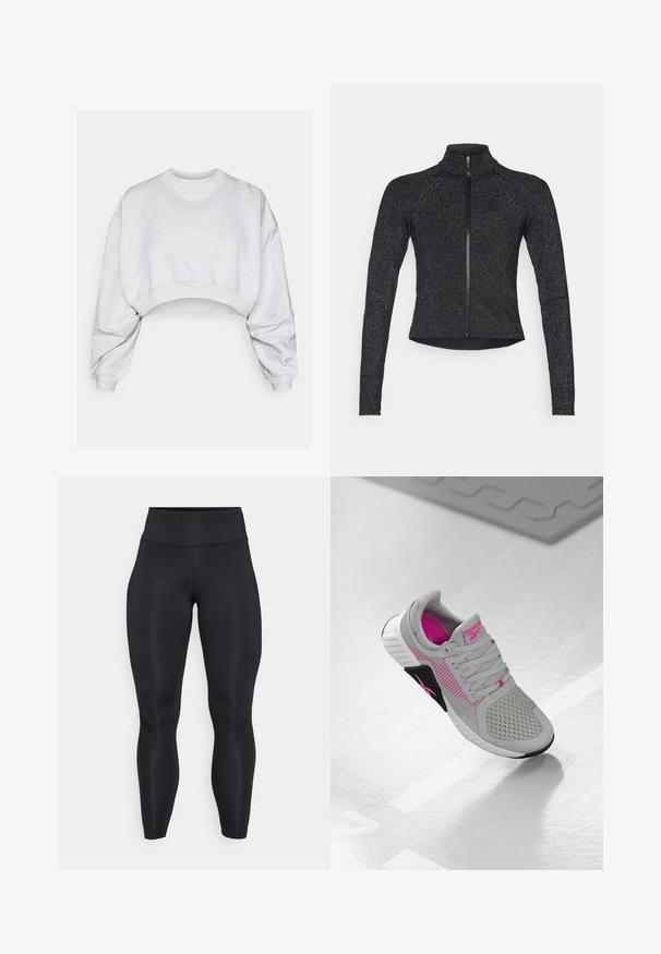 Fekete sportzakó hosszú ujjakkal, fél cipzárral az elején, texturált anyagból, finom fémes fényével. Fitted fazon és magas nyak jellemzi.; Szürke, rövid fazonú pulóver, puha anyagból készült, kerek nyakkivágással, leengedett vállakkal és bordázott mandzsettákkal. Látható mintázatok vagy logók nélkül.; Fekete, magas derekú, teljes hosszúságú leggings sima anyagból, látható varrás részletekkel az elején és a derékrészen.; Szürke és rózsaszín Reebok sportcipő, hálós felső résszel és részletes talppal, tükröződő fehér felületen kiállítva.