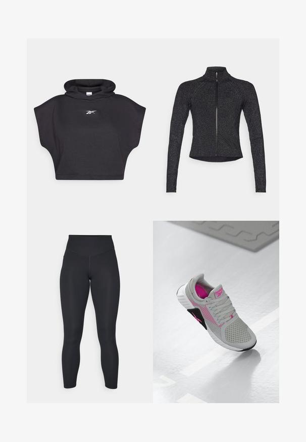Juodas sportinis švarkas su ilgomis rankovėmis, pusiau užtraukiama priekine dalimi, tekstūruota medžiaga ir subtilus metalinis blizgesys. Turi prigludusią siluetą ir aukštą apykaklę.; Juodas trumpas džinsinis džemperis trumpomis rankovėmis, pagamintas iš švelnaus audinio. Su gobtuvu ir baltu logotipu priekyje, lygi tekstūra ir laisvas kirpimas.; Juodos leggingai su aukštu liemeniu, lygaus paviršiaus ir prigludusia forma. turi plokščias siūles ir pilną ilgį be raštų.; Pilkas ir rožinis Reebok sportinis kedas su tinkleliu viršuje ir detaliu padu, rodoma ant atspindinčio balto paviršiaus.