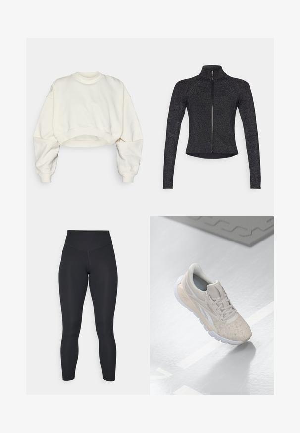 Casaco desportivo preto com mangas longas, fecho de meio zip na parte da frente, tecido texturizado e brilho metálico subtil. Apresenta um design ajustado e gola alta.; Sweatshirt cropped em tecido off-white, apresentando um decote redondo canelado, ombros caídos e bainha com elástico. Textura suave e design minimalista.; Leggings pretos com cintura alta, textura suave e design justo. Apresentam costuras planas e cobertura total sem padrões.; Shoe desportivo beige claro com parte superior perfurada, detalhes texturizados, colarinho acolchoado e sola de borracha branca, projetado para conforto e respirabilidade.