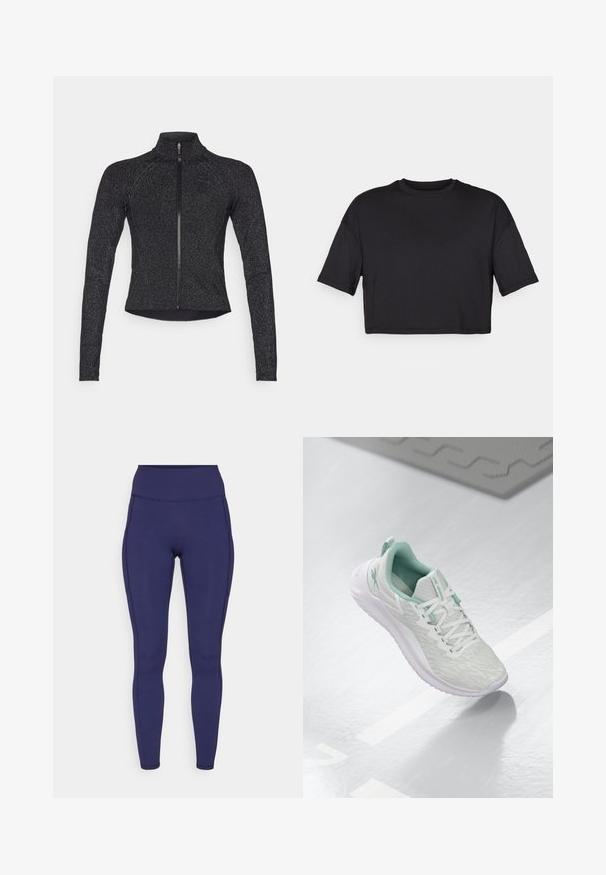 Jachetă sport neagră cu mâneci lungi, fermoar pe jumătate în față, țesătură texturată și o strălucire metalică subtilă. Prezintă un design ajustat și un guler înalt.; Tricou scurt negru, confecționat dintr-un material moale, cu decolteu rotund și mâneci scurte și largi, având un design simplu, fără cusături.; Leggings înalți de culoare bleumarin, confecționați dintr-un material elastic. Au cusături plate și un fit apropiat, cu două buzunare laterale pentru depozitare.; Pantof de sport gri deschis, cu un material tricotat texturat, accente verde menta, șireturi albe, talpă din cauciuc și o bucată pentru tragere la călcâi.