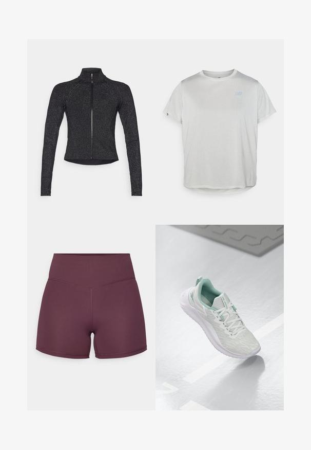 Schwarze Sportjacke mit langen Ärmeln, halben Reißverschluss vorne, strukturiertem Stoff und dezentem metallischem Glanz. Verfügt über ein tailliertes Design und einen hohen Kragen.; Hellgraues kurzärmeliges T-Shirt mit Mesh-Struktur, das auf der oberen linken Seite ein kleines blaues Logo und einen abgerundeten Saum aufweist.; Mauve Sportshorts aus dehnbarem Stoff, mit hohem Bund und glatter Textur sowie kontrastierenden Nähte.; Hellgraue Sportchuhe mit einem strukturierten Strickoberteil, mintgrünen Akzenten, weißen Schnürsenkeln, Gummisohle und einer Schlaufe an der Ferse.