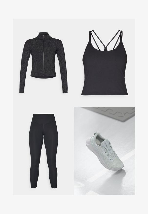 Černá sportovní bunda s dlouhými rukávy, polovičním zipem vpředu, strukturovanou tkaninou a jemným metalickým leskem. Má přiléhavý střih a vysoký límec.; Černé tílko s tenkými ramínky a křížovým designem na zádech. Vyrobeno z měkkého, elastického materiálu s přiléhavým střihem.; Černé legíny s vysokým pasem, hladkým povrchem a přiléhavým střihem. Mají ploché švy a celoplošné pokrytí bez vzorů.; Světlé šedé sportovní boty s texturovaným síťovinovým svrškem, šněrovacím designem, polstrovanou podešví a minimálními detaily značky.