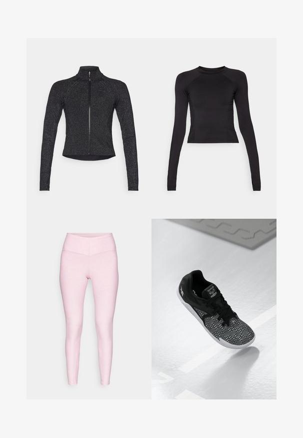 Giacca sportiva nera con maniche lunghe, chiusura frontale a mezza zip, tessuto testurizzato e un sottile lucido metallico. Presenta un design aderente e un colletto alto.; Crop top nero a maniche lunghe realizzato in tessuto elasticizzato, con scollo rotondo e maniche raglan con dettagli di cucitura sottili.; Leggings rosa chiaro realizzati in un tessuto morbido ed elastico. Presentano una vita alta e un design aderente, con una texture liscia e senza motivi visibili.; Scarpa sportiva nera con tomaia in mesh testurizzato e a motivo, lacci neri e suola bianca. Presenta il logo Reebok sulla linguetta e sul lato.