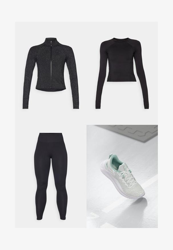 Giacca sportiva nera con maniche lunghe, chiusura frontale a mezza zip, tessuto testurizzato e un sottile lucido metallico. Presenta un design aderente e un colletto alto.; Crop top nero a maniche lunghe realizzato in tessuto elasticizzato, con scollo rotondo e maniche raglan con dettagli di cucitura sottili.; Leggings neri a vita alta realizzati in materiale elastico con una texture liscia. Il design è aderente e senza cuciture, senza loghi o motivi visibili.; Scarpa sportiva grigio chiaro con tomaia in maglia testurizzata, dettagli verde menta, lacci bianchi, suola in gomma e linguetta sul tallone.