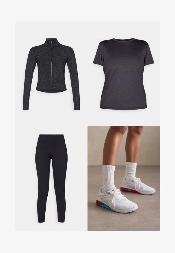 Musta urheilutakki, jossa on pitkät hihat, puolivetoketju edessä, teksturoitu kangas ja hillitty metallinhohto. Takissa on slim fit -muotoilu ja korkea kaulus.; Harmaa lyhythihainen t-paita, joka on valmistettu kevyestä kankaasta. Paita on varustettu pyöreällä pääntiellä, sileällä pinnalla ja hillityllä logolla rinnassa.; Mustat vyötäröltä korkeat leggingsit, jotka on valmistettu venyvästä materiaalista. Niissä on sileä pinta ja tiukka muotoilu, joka ulottuu nilkkoihin saakka.; Valkoiset urheilukengät, joissa on tekstuuripinta, turkoosit yksityiskohdat ja punainen kanta. Yhdistetty ribbikuvioisiin valkoisiin sukkiin. Kenkiä koristavat nauhat ja brändäys.