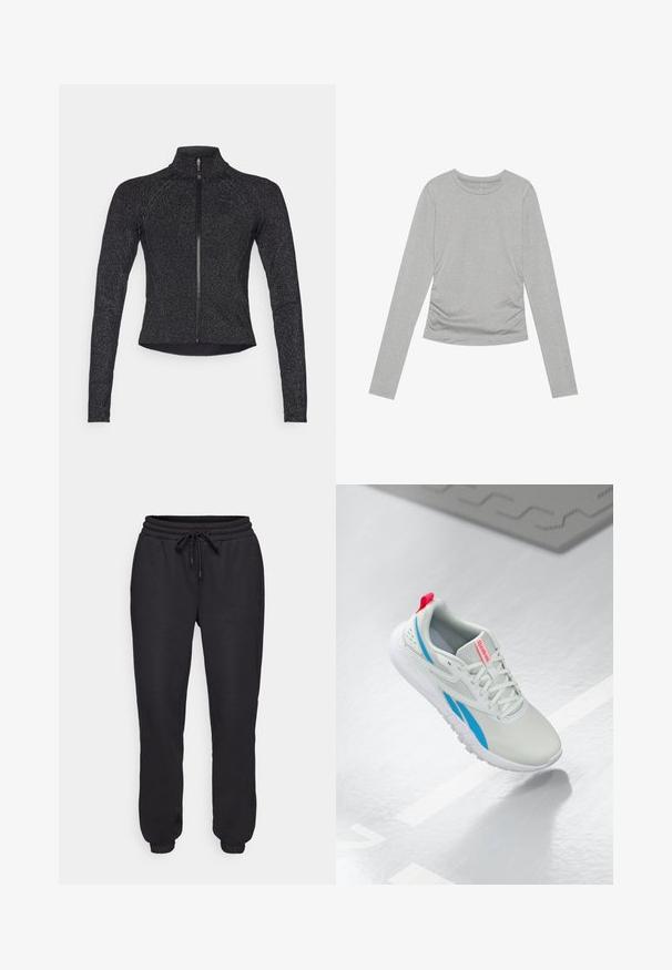 Zwarte sportjacket met lange mouwen, halve rits aan de voorkant, textuurstof en subtiele metallic glans. Heeft een getailleerd ontwerp en hoge kraag.; Grijze langslieve T-shirt van zachte stof, met een eenvoudige ronde halslijn en geplooide details aan de zijkanten.; Zwarte sportbroek van zacht materiaal, met een elastische tailleband met een trekkoord, zijzakken en elastische boorden bij de enkels.; Witte en blauwe Reebok sneaker met een rode trekband die boven een glanzende vloer zweeft, met een grijze rubberen mat in de buurt.