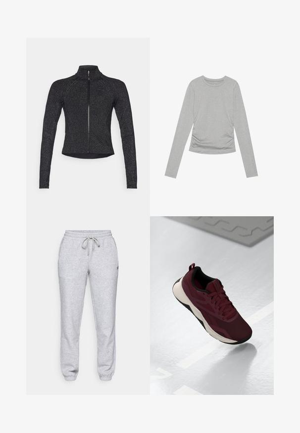 Svart sportsjakke med lange ermer, halv glidelås foran, strukturert stoff og subtil metallisk glans. Har en tettsittende design og høy krage.; Grå langermet skjorte laget av mykt materiale, med en enkel rund hals og sammenkrøpet detaljer på sidene.; Lys grå joggebukser med elastisk midje og snor, avsmalnede ankler og en liten logo på venstre lår. Laget av mykt stoff.; Burgunderfargede treningssko med mesh-overdel, svarte detaljer og en polstret hvit såle. Har snøring og et trekkpunkt på hælen.