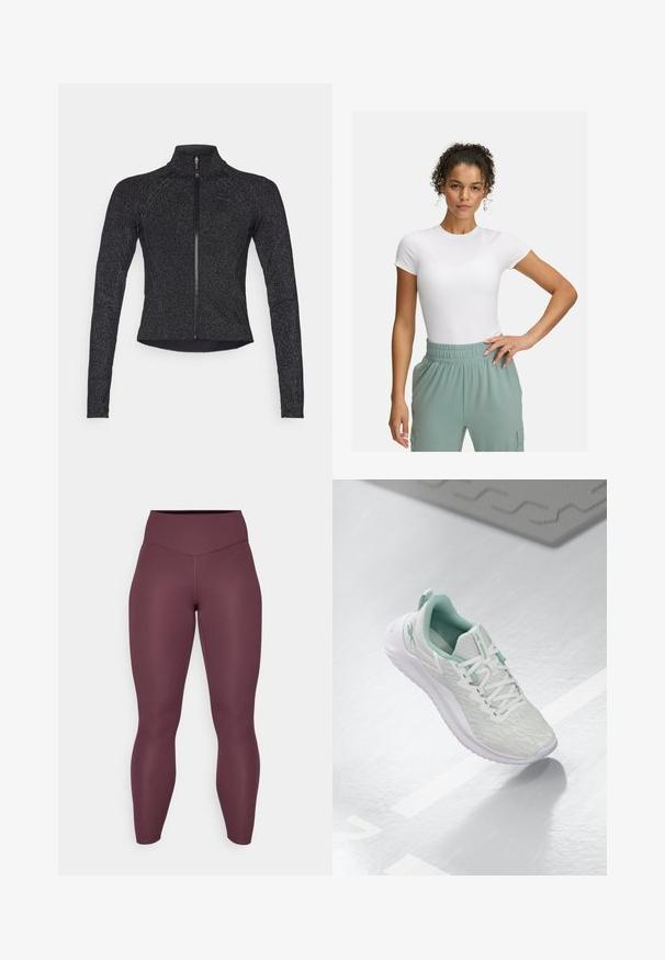 Čierna športová bunda s dlhými rukávmi, polovičným zipsom vpredu, štruktúrovanou tkaninou a jemným metalickým leskom. Má priliehavý strih a vysoký golier.; Biely priliehavý tričko s krátkymi rukávmi, kombinované s nohavicami so svetlozeleným elastickým pásom. Hladká textúra, minimalistický dizajn a žiadne viditeľné vzory.; Marónové legíny vyrobené z elastickej tkaniny; vysoký pás, priliehavý strih, hladkáTextúra, bezšvové švy a žiadne viditeľné vzory alebo akcenty.; Svetlošedé športové topánky s štruktúrovaným pleteným zvrškom, mätozelenými akcentmi, bielymi šnúrkami, gumovou podrážkou a pútkom na päte.