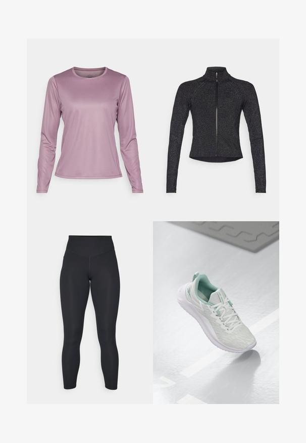 Melna sporta jakas ar garām piedurknēm, pussejas priekšpusē, teksturēts audums un smalka metāliska spīduma. Izceļas ar pieguļošu dizainu un augstu apkakli.; Gari ilgi piedurkņu sporta krekls gaiši purpursarkanā krāsā, ar gludu, elastīgu audumu, apaļu kakla izgriezumu un plūstošiem šuvju akcentiem.; Melnas legingu bikses ar augstu jostasvietu, gludu tekstūru un pielāgotu dizainu. Iezīmē platas šuves un pilna garuma pārklājumu bez rakstiem.; Gaišpelēka sporta apava ar teksturētu trikotāžas augšu, mentolzaļiem akcentiem, baltām šņorēm, gumijas zoli un cilpu uz papēža.