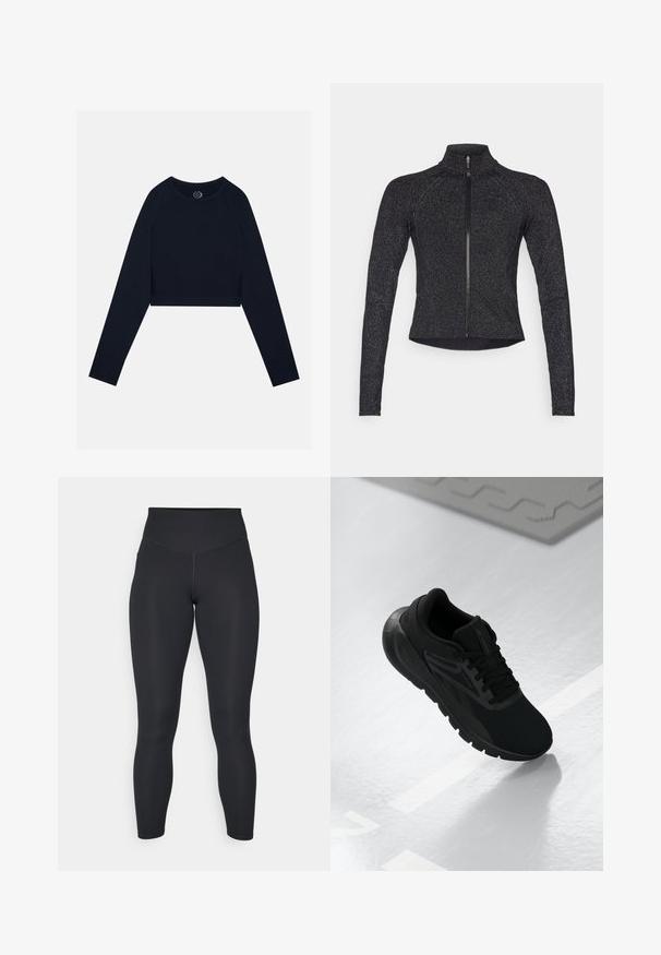 Juodas sportinis švarkas su ilgomis rankovėmis, pusiau užtraukiama priekine dalimi, tekstūruota medžiaga ir subtilus metalinis blizgesys. Turi prigludusią siluetą ir aukštą apykaklę.; Tamsiai mėlynas trumpas ilgomis rankovėmis marškinėliai, su raglan tipo rankovėmis ir apvaliu kaklu. Minkšta, lygi tekstūra su kvėpuojančių tinkleliu detalėmis šonuose.; Juodos leggingai su aukštu liemeniu, lygaus paviršiaus ir prigludusia forma. turi plokščias siūles ir pilną ilgį be raštų.; Juodas sportinis batelis su tinkleliu viršuje, apvaliu nosiu, paminkštintu padu ir tekstūruotais akcentais, padėtas ant lygios baltos paviršiaus.