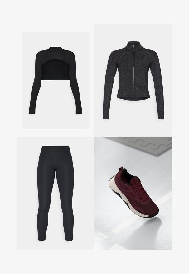 Svart sportsjakke med lange ermer, halv glidelås foran, strukturert stoff og subtil metallisk glans. Har en tettsittende design og høy krage.; Svart ribbet crop topp med lange ermer, høy hals og åpen ryggdesign. Glatt tekstur med en tettsittende silhuett.; Svarte tights laget av elastisk stoff, med høy midje, glatt tekstur og en kroppsnær passform. Ingen synlige mønstre eller detaljer.; Burgunderfargede treningssko med mesh-overdel, svarte detaljer og en polstret hvit såle. Har snøring og et trekkpunkt på hælen.