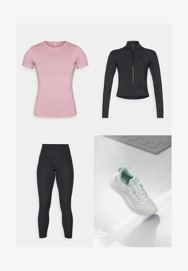 Black sports jacket with long sleeves, half-zip front, textured fabric, and subtle metallic sheen. Features a fitted design and high collar.; Short-sleeve t-shirt in soft pink, textured fabric with fitted shape. Features a round neck and standard hem without embellishments.; Black leggings with a high waist, smooth texture, and fitted design. Features flat seams and full-length coverage with no patterns.; Light gray athletic shoe with a textured knit upper, mint green accents, white laces, rubber sole, and pull tab at the heel.