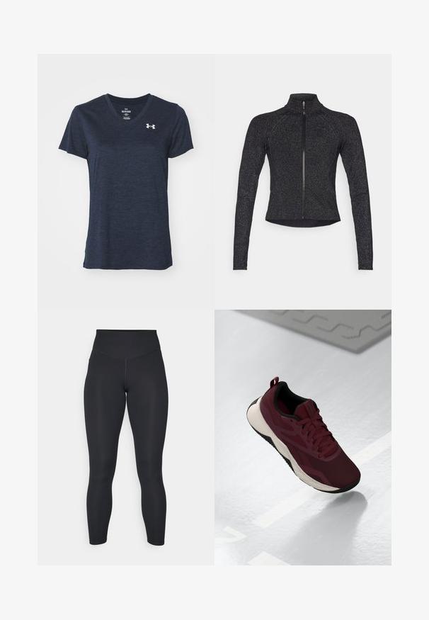 Svart sportjacka med långa ärmar, halvdragkedja fram, texturerad tyg och subtil metallisk lyster. Har en figurnära design och hög krage.; Marinblå t-shirt med V-krage och korta ärmar, tillverkad av ett texturerat, lätt material. Har en liten silverlogo på övre vänstra bröstet.; Svarta leggings med hög midja, slät yta och figurnära design. Har platta sömmar och fullängds täckning utan mönster.; Mörkröd sportskor med nätovandel, svarta detaljer och en dämpad vit sula. Har snörning och dragflik i hälen.