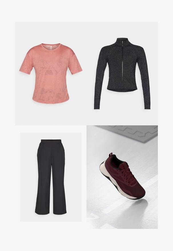 Casaco desportivo preto com mangas longas, fecho de meio zip na parte da frente, tecido texturizado e brilho metálico subtil. Apresenta um design ajustado e gola alta.; T-shirt de manga curta rosa feito de tecido suave. Apresenta um decote redondo e um corte descontraído, com padrões de textura subtis na superfície.; Calças largas pretas com uma cintura elástica, dois bolsos laterais e uma textura suave e leve. Design simples, sem padrões visíveis.; Sapatilha desportiva bordô com parte superior em malha, detalhes em preto e sola branca acolchoada. Apresenta fecho por atacadores e alça na parte traseira.
