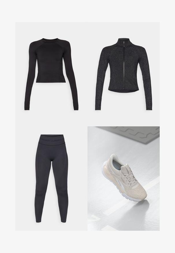 Fekete sportzakó hosszú ujjakkal, fél cipzárral az elején, texturált anyagból, finom fémes fényével. Fitted fazon és magas nyak jellemzi.; Fekete, hosszú ujjas cropped felső rugalmas anyagból, kerek nyakkivágással és úgynevezett raglán ujjakra, finom varrási részletekkel.; Fekete leggings magas elasztikus derékkal, amelyen az "UNDER ARMOUR" felirat szerepel. Sima textúra, finom mintázat kiemelésekkel a lábak mentén.; Világos bézs színű sportcipő perforált felsőrésszel, texturált díszítéssel, párnázott nyakkal és fehér gumitalppal, amely a kényelem és a légáteresztő képesség érdekében készült.