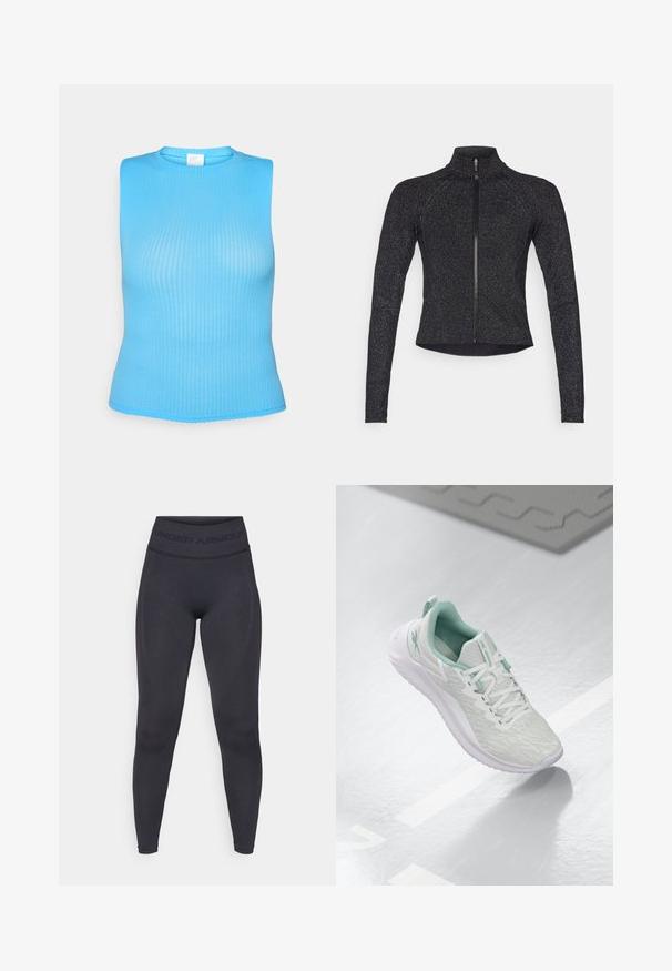 Casaco desportivo preto com mangas longas, fecho de meio zip na parte da frente, tecido texturizado e brilho metálico subtil. Apresenta um design ajustado e gola alta.; Top canelado, sem mangas, em azul brilhante. Textura suave com decote redondo e um corte ligeiramente cropped. Acabado com uma barra limpa.; Leggings pretos com uma cintura elástica alta apresentando o texto "UNDER ARMOUR". Textura suave com detalhes de padrão discreto ao longo das pernas.; Sapatilha atlética cinza claro com parte superior em malha texturizada, detalhes em verde menta, atacadores brancos, sola de borracha e etiqueta de puxar no calcanhar.