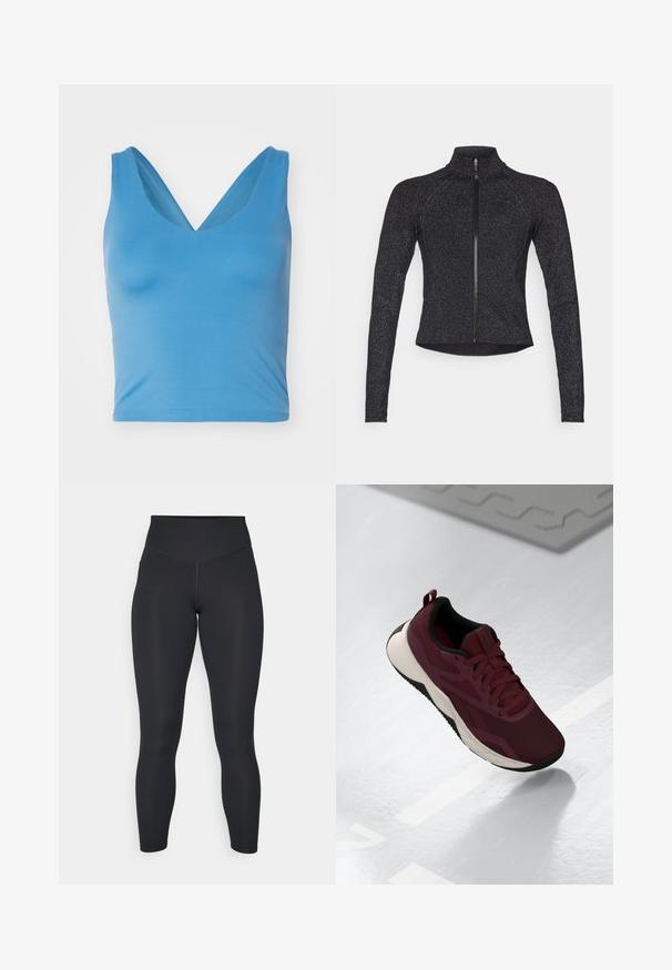 Black sports jacket with long sleeves, half-zip front, textured fabric, and subtle metallic sheen. Features a fitted design and high collar.; Girlfriend Collective FLOAT ZOE TANK CROSS BACK - Top - surf; Black leggings with a high waist, smooth texture, and fitted design. Features flat seams and full-length coverage with no patterns.; Maroon athletic shoe with mesh upper, black accents, and a cushioned white sole. Features lace-up closure and pull tab at the heel.