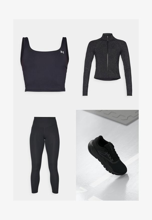 Melna sporta jakas ar garām piedurknēm, pussejas priekšpusē, teksturēts audums un smalka metāliska spīduma. Izceļas ar pieguļošu dizainu un augstu apkakli.; Melnas sporta krūšturis, izgatavots no gludas auduma, ar kvadrātveida apkakli un platām siksnām. Iekļauts neliels balts logo uz sāniem.; Melnas legingu bikses ar augstu jostasvietu, gludu tekstūru un pielāgotu dizainu. Iezīmē platas šuves un pilna garuma pārklājumu bez rakstiem.; Melna sporta apava, kas veidota ar sietu augšdaļu, apaļu pirkstu daļu, mīkstu zoli un teksturētām akcentiem, novietota uz gludas baltas virsmas.