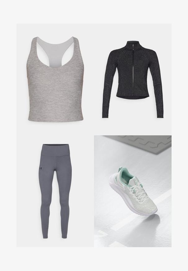 Fekete sportzakó hosszú ujjakkal, fél cipzárral az elején, texturált anyagból, finom fémes fényével. Fitted fazon és magas nyak jellemzi.; Szürke ujjatlan crop top széles, kerek nyakkivágással és kivágott hátrészes kialakítással. Puha, rugalmas anyagból készült, sima textúrával.; Szürke sport leggings sima, rugalmas anyagból. Magas derék és testhezálló lábak. Fekete logó a bal csípőn. Nincsenek látható varrások.; Világosszürke sportcipő, texturált kötött felső réteggel, menta zöld kiegészítőkkel, fehér fűzőkkel, gumitalppal és húzófüllel a saroknál.