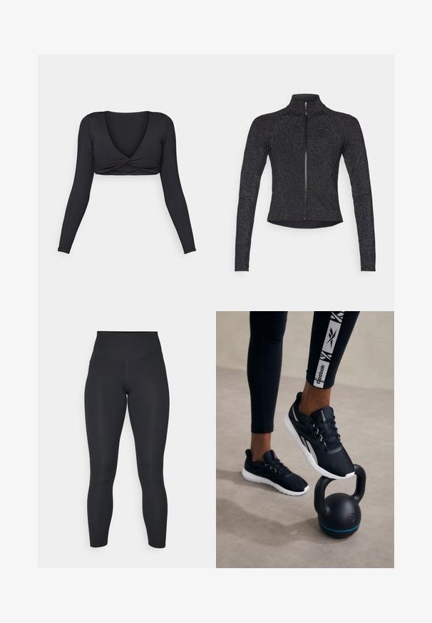 Casaco desportivo preto com mangas longas, fecho de meio zip na parte da frente, tecido texturizado e brilho metálico subtil. Apresenta um design ajustado e gola alta.; Top cropped preto de manga longa com decote em V profundo e design frontal torcido, feito de material liso e elástico.; Leggings pretos com cintura alta, textura suave e design justo. Apresentam costuras planas e cobertura total sem padrões.; Tênis de desporto pretos com um superior texturizado, sola branca e detalhes cinzentos, colocados sobre um kettlebell preto com uma faixa azul, contra um fundo neutro.