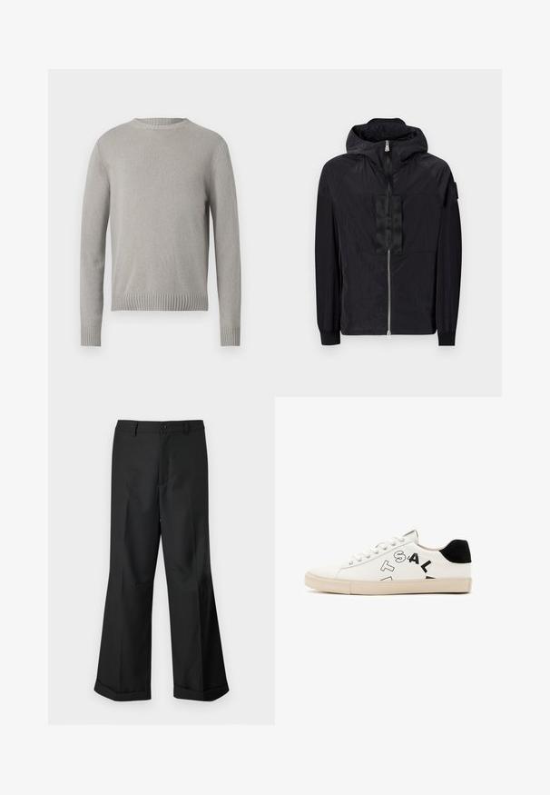 Black jacket made of lightweight fabric features a zip front, adjustable hood, and textured design with contrasting panel on the chest.; Light gray knitted sweater with a round neckline, ribbed cuffs, and hem. Features a textured fabric in a solid color without patterns.; Black wide-leg trousers with buttoned waistband and cuffed hems, displayed against a plain white background.; White leather sneaker with black accents at the heel, featuring bold black lettering on the side and a rubber sole. Minimalist design.