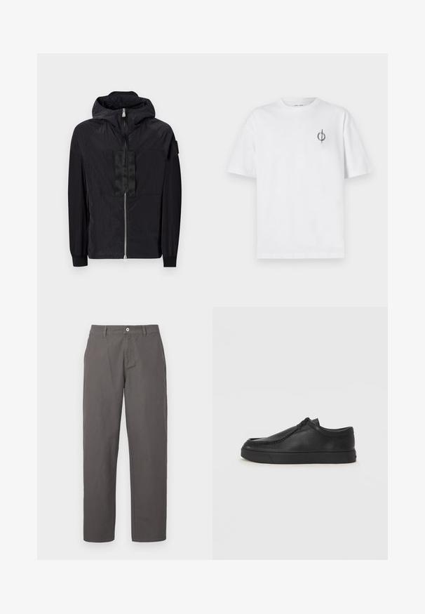 Zwarte jas gemaakt van lichtgewicht stof, met een ritssluiting aan de voorkant, verstelbare capuchon en een textuurdesign met een contrasterend paneel op de borst.; Witte katoenen t-shirt met een ontspannen pasvorm, voorzien van een klein zwart graphic logo op de linkerkant van de borst. Korte mouwen, ronde hals.; Grijze katoenen broeken met een recht model, voorzien van een knoop en ritssluiting aan de voorkant, en zijzakken. Gladde textuur, geen patronen.; Zwarte leren instapschoen met een ronde neus, gestikte details en een zwarte rubberen zool. Soepele textuur met een minimalistisch ontwerp.