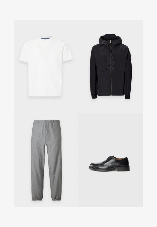Must must, mis kergest kangast, on lukuga ees, reguleeritava kapuutsiga ning tekstuurse disainiga, millel on kontrastne paneel rinnal.; Valge lühikeste varrukatega T-särk, mis on valmistatud puuvillast. Omab ümarat kaelust, millel on sinine sisetikk ja õrn tikand logoga rinna peal.; Hallid kergekaalulised püksid elastse taljega, veidi kitsenevate säärte ja elastsete mansettidega. Sile tekstuur peene mustriga.; Must sõlmiga mustad nahast kontsad, ümarate varvastega, sileda pinna ja madala, tekstuuriga kummitald. Puhtad jooned ja minimalistisch disain.