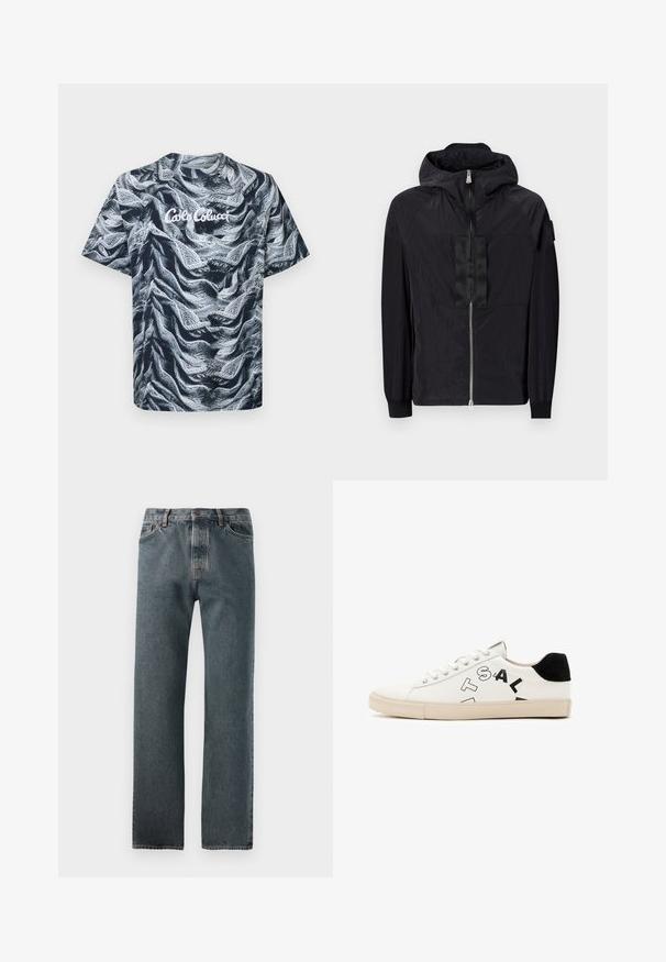 Čierna bunda vyrobená z ľahkej tkaniny má zips na prednej strane, nastaviteľnú kapucňu a textúrovaný dizajn s kontrastnou panelou na hrudi.; Tričko s krátkym rukávom a okrúhlym výstrihom, ktoré má štruktúrovaný abstraktný vzor v čierno-bielej farbe, s nápisom "Cabo Colucci" vytlačeným bielou farbou.; Džínsy v tmavom umývaní, so strihom rovného nohavica, decentným prešívaním a gombíkovým zapínaním s piatimi vreckami.; Biele kožené tenisky s čiernymi akcentmi na päte, s výrazným čiernym nápisom na boku a gumovou podrážkou. Minimalistický dizajn.