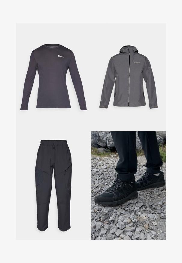Grau wasserdichte Jacke mit Reißverschluss vorne, verstellbarem Kapuzen und elastischen Bündchen. Verfügt über ein Logo auf der oberen linken Brustseite und eine glatte Textur.; Jack Wolfskin VONNAN - Langarmshirt - phantom; Schwarze Cargo-Hosen aus leichtem, wasserabweisendem Material; verfügen über einen elastischen Bund, mehrere Reißverschlusstaschen und schmal zulaufende Beine.; Schwarze Outdoor-Schuhe aus Mesh und synthetischem Material, mit einer strukturierten Oberseite, gesichertem Schnürsystem und griffiger Laufsohle, auf felsigem Gelände.