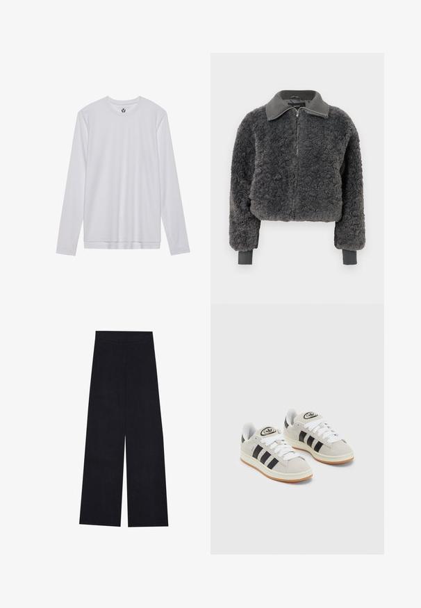 Tumehall faux shearling'ist valmistatud lukuga jope, millel on ribakrae ja -varrukad, esiküljel on tõmblukk ning see on veidi lühike.; Kreemikas, lühike sviiter ribikujundusega, pikkade puffvarrukatega ja kõrge kaelusega. Pehme kangas ja vabalt liibuva soe mudel.; Pikkade varrukatega valge särk, mis on valmistatud siledast kangast. Särgil on ümar kaelus ja otsekärp. Muster ega aksessuaare ei ole nähtavad.; Tumedast sinine laiad püksid vertikaalse ribakonstruktsiooniga. Omavad sujuvat vöökohta ja sirget lõiget, pakkudes mugavat istuvust.; Hallid hallid nahkrennid valgete paeltega, mustade triipudega ja valge kummitaldiga. Omab ümmargust logo keeles ja kummitalda.