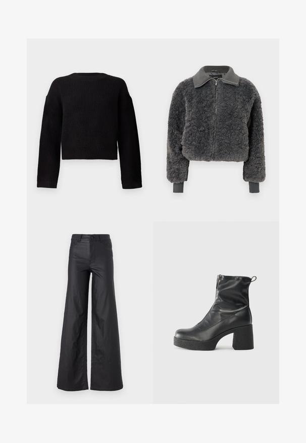 Sötétszürke műszőrme zipzáras dzseki, bordázott gallérral és mandzsettával, elől cipzárral és enyhén cropped szabással.; Fekete kötött pulóver kerek nyakkivágással, hosszú ujjal és rövidített fazonban. Texturált anyag bordázott mandzsettával és aljjal.; Fekete, bő szabású nadrág mesterséges bőrből. Jellemzője a magas derék, övhurkok, két elülső zseb és varrott részletek.; Fekete bokacsizmák sima bőrből, oldalsó cipzárral, vastag, texturált sarkú és lekerekített orrú dizájnnal.