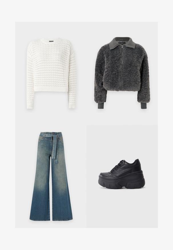 Giacca zip-up in finta pelliccia shearling di colore grigio scuro, con colletto e polsini a costine, dotata di una cerniera frontale e una vestibilità leggermente cropped.; Maglione bianco lavorato a maglia con un motivo testurizzato, scollatura rotonda, maniche lunghe e polsini e orlo a coste. Design accorciato.; Pantaloni in denim a gamba larga con una sfumatura che va dal blu chiaro al blu scuro, vita alta, passanti per cintura e una cintura in tessuto coordinato. Finitura in denim strutturato.; Sneaker nere con lacci e suola spessa, caratterizzate da una tomaia in pelle liscia, punta arrotondata e un distintivo design a piattaforma stratificata.