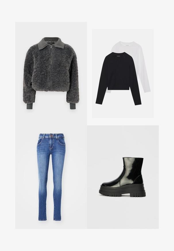 Temno siva umetna ovčja bunda z zadrgo in rebrastim ovratnikom ter manšetami, ki ima sprednjo zadrgo in nekoliko skrajšan kroj.; Dve dolge majice z dolgimi rokavi: ena črna in ena bela. Obe imata okroglo ovratnico, raglan rokave in mehko mešanico bombaža.; Tanke kavbojke v srednjem modrem pranju, izdelane iz denima. Imajo pet žepov, gumbasto zapiranje in subtilno zbledelost okoli kolen.; Črne sijajne gležnjarje z debelim profilom podplata in zaobljenim nosom, stranski pogled na enostavni svetlo sivi ozadju.